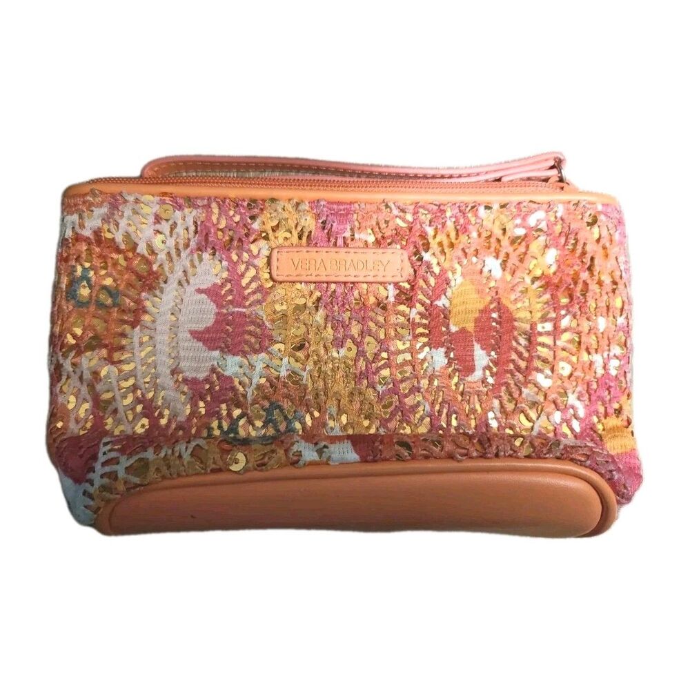 VERA BRADLEY* Mesh Sequin Card Wristlet Clutch Floral Pink Orange Blue Boho EUC